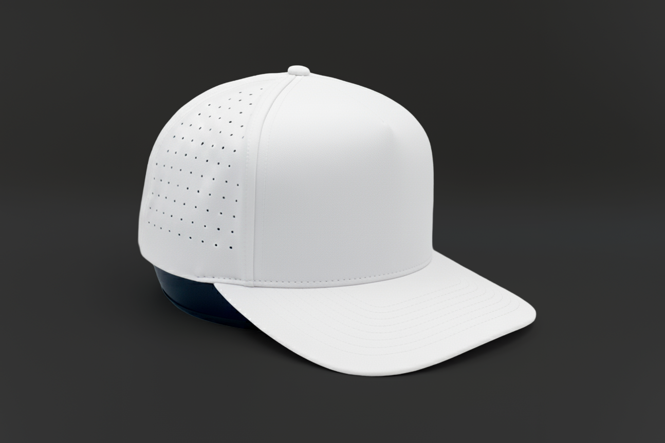 White baseball cap with perforated design on a black background